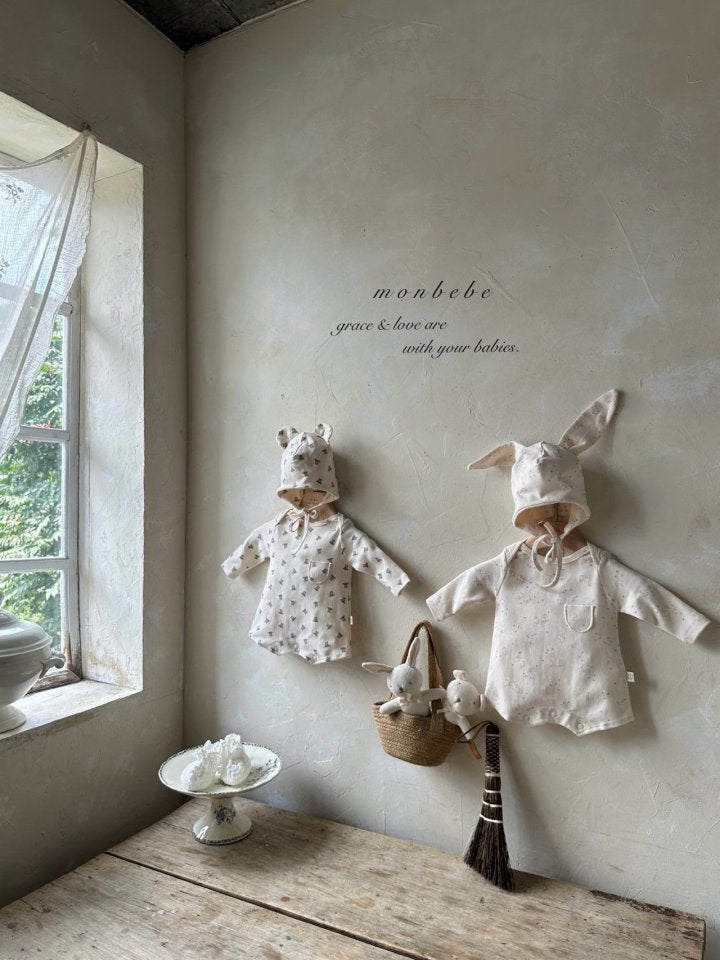 【monbebe】 Print Bear suit  / Bunny suit (with bonnet)