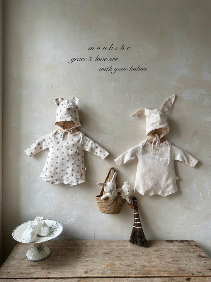 【monbebe】 Print Bear suit  / Bunny suit (with bonnet)