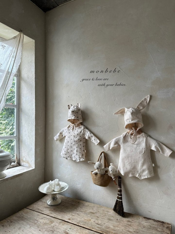 【monbebe】 Print Bear suit  / Bunny suit (with bonnet)