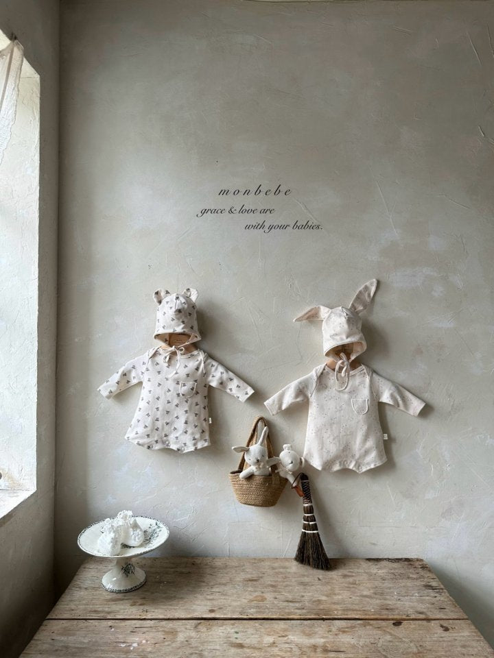 【monbebe】 Print Bear suit  / Bunny suit (with bonnet)