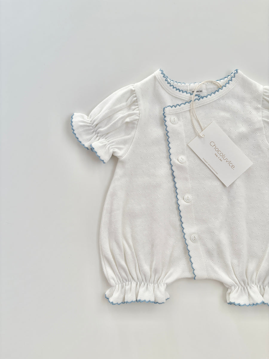 【monbebe】アイレットブルー グローリーロンパース（半袖）ボンネットセット monbebe 半袖 夏 秋 春 人気 モンベベ 子供服 新生児 男の子 女の子